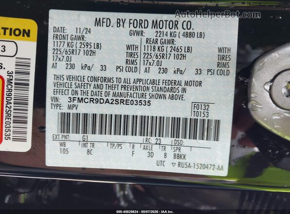 3FMCR9DA2SRE03535 2025 FORD BRONCO SPORT Black Вид наклейки з VIN-кодом