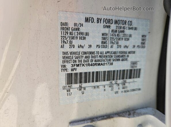 3FMTK1R40RMA01738 2024 FORD MUSTANG Белый Панорамный вид салона 360°