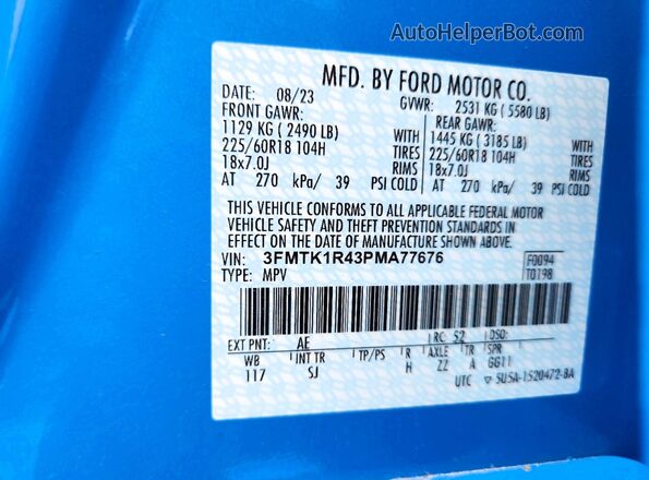 3FMTK1R43PMA77676 2023 FORD MUSTANG Blue VIN կոդի պիտակի տեսք