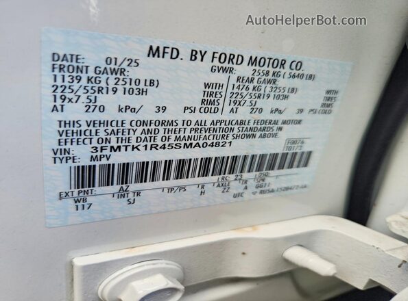 3FMTK1R45SMA04821 2025 FORD MUSTANG White Widok naklejki z numerem VIN