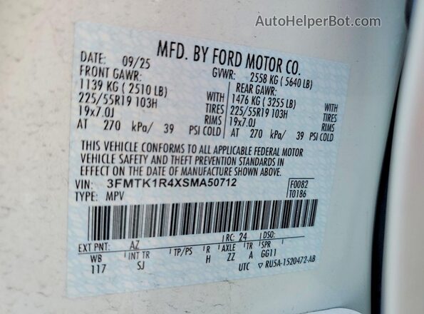 3FMTK1R4XSMA50712 2025 FORD MUSTANG White VIN კოდის სტიკერის ხედი