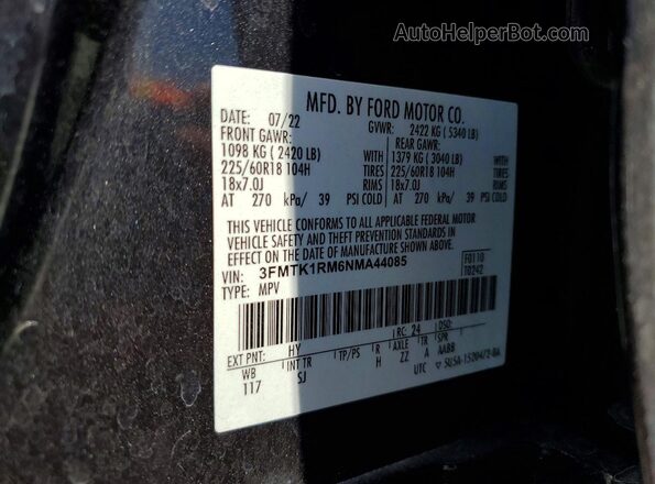 3FMTK1RM6NMA44085 2022 FORD MUSTANG Charcoal VIN sticker view