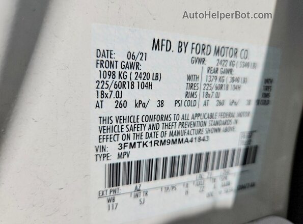 3FMTK1RM9MMA41843 2021 FORD MUSTANG White VIN კოდის სტიკერის ხედი