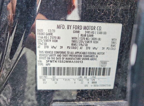 3FMTK1SS2MMA59013 2021 FORD MUSTANG Черный Панорамный вид салона 360°