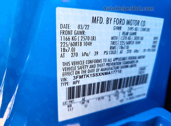 3FMTK1SSXNMA17710 2022 FORD MUSTANG Blue Вид наклейки з VIN-кодом