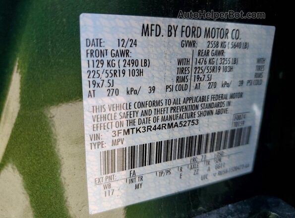 3FMTK3R44RMA52753 2024 FORD MUSTANG Green Vista de la etiqueta del VIN
