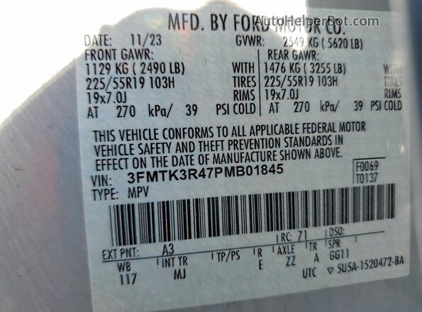 3FMTK3R47PMB01845 2023 FORD MUSTANG Blue Vista de la etiqueta del VIN