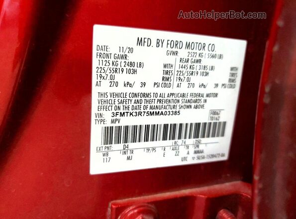 3FMTK3R75MMA03385 2021 FORD MUSTANG Red Շարժիչի բաժամունքի տեսք