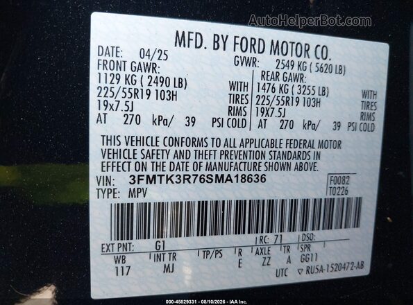 3FMTK3R76SMA18636 2025 FORD MUSTANG MACH-E Black Вид підкапотного простору