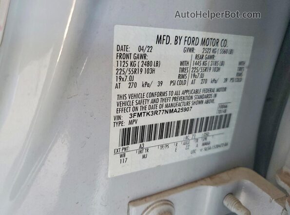 3FMTK3R77NMA25907 2022 FORD MUSTANG White Вид наклейки з VIN-кодом
