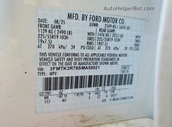 3FMTK3R78SMA50021 2025 FORD MUSTANG Белый Вид наклейки с VIN-кодом