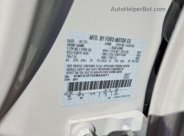 3FMTK3R79SMA42011 2025 FORD MUSTANG Cream Вид наклейки з VIN-кодом