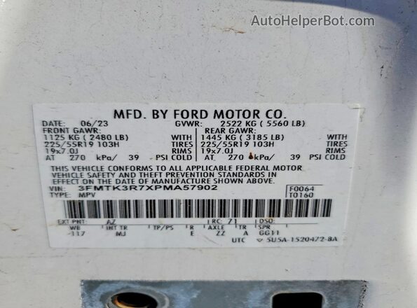 3FMTK3R7XPMA57902 2023 FORD MUSTANG Белый Вид наклейки с VIN-кодом