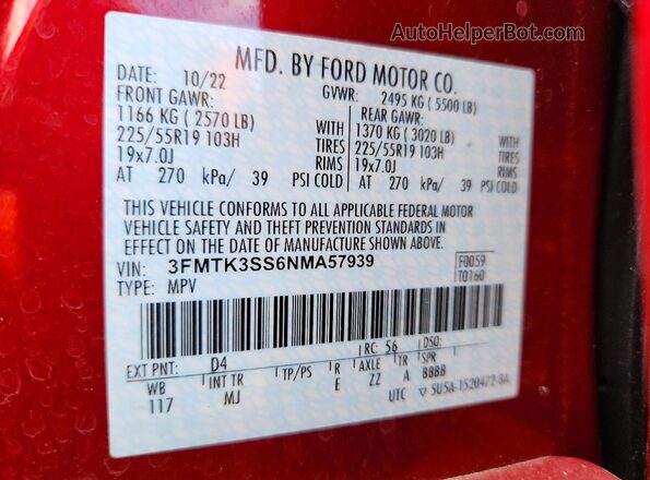 3FMTK3SS6NMA57939 2022 FORD MUSTANG Красный Панорамный вид салона 360°