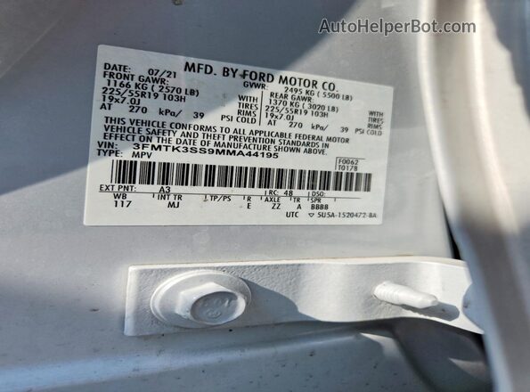 3FMTK3SS9MMA44195 2021 FORD MUSTANG White VIN կոդի պիտակի տեսք