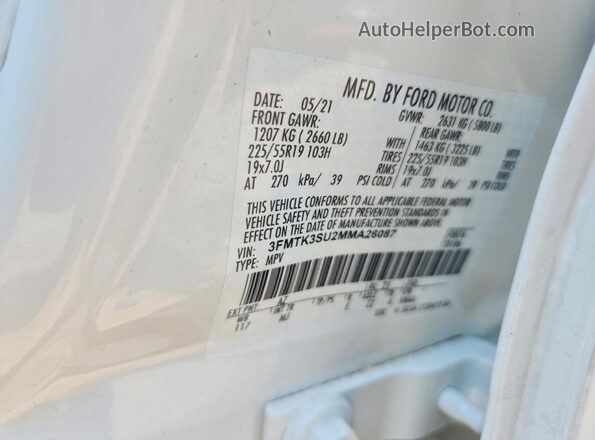 3FMTK3SU2MMA26087 2021 FORD MUSTANG White Widok wnętrza 360 stopni