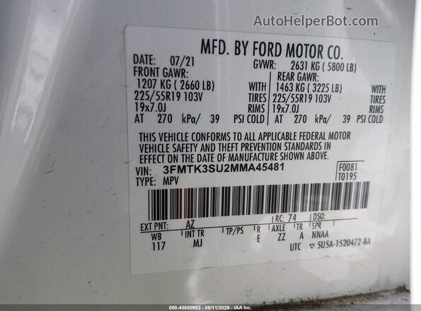 3FMTK3SU2MMA45481 2021 FORD MUSTANG MACH-E White Widok komory silnika