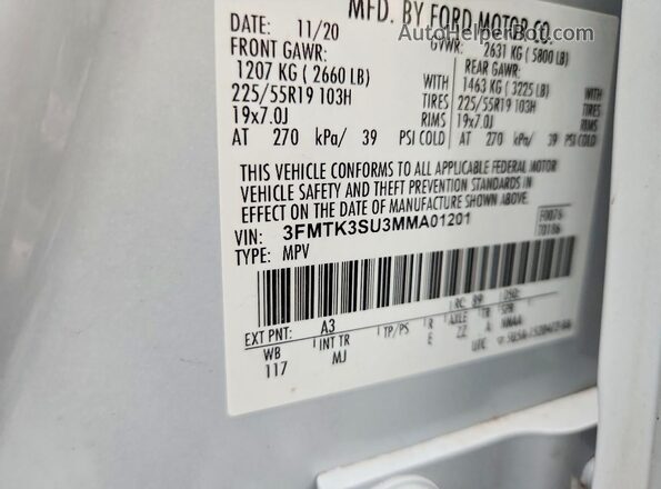 3FMTK3SU3MMA01201 2021 FORD MUSTANG Silver Vista interior de 360 grados
