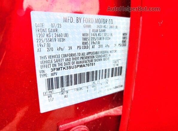 3FMTK3SU3PMA70751 2023 FORD MUSTANG Red Widok naklejki z numerem VIN