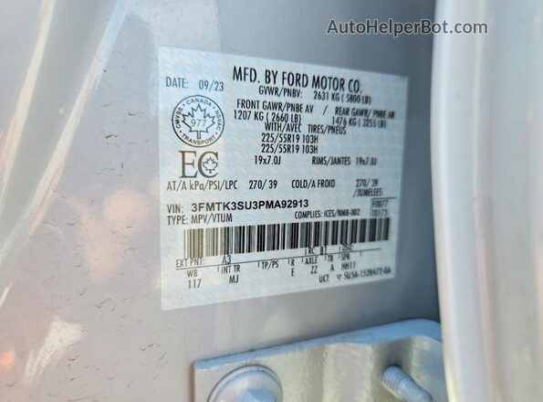 3FMTK3SU3PMA92913 2023 FORD MUSTANG White Vista de la etiqueta del VIN
