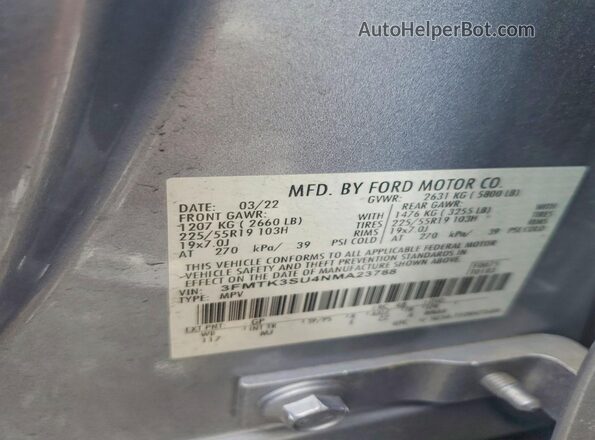 3FMTK3SU4NMA23788 2022 FORD MUSTANG Silver VIN կոդի պիտակի տեսք