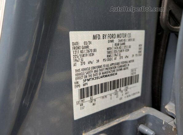 3FMTK3SU4RMA08634 2024 FORD MUSTANG Blue VIN კოდის სტიკერის ხედი