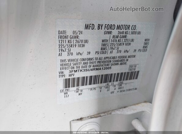 3FMTK3SU4RMA12005 2024 FORD MUSTANG MACH-E White VIN կոդի պիտակի տեսք