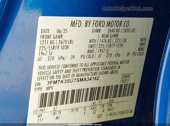 3FMTK3SU7SMA34182 2025 FORD MUSTANG MACH-E Blue Շարժիչի բաժամունքի տեսք