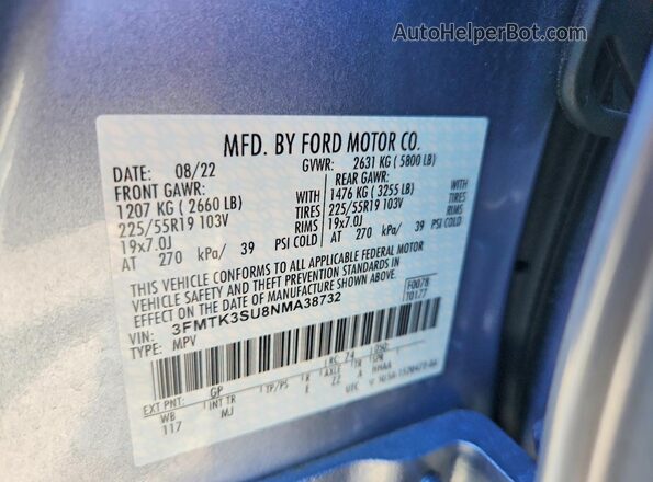 3FMTK3SU8NMA38732 2022 FORD MUSTANG Серебряный Вид наклейки с VIN-кодом
