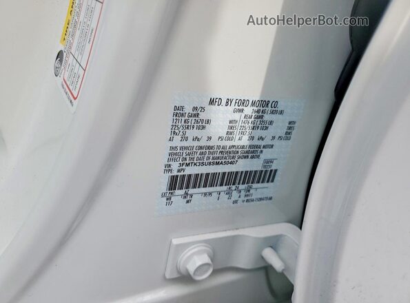 3FMTK3SU8SMA50407 2025 FORD MUSTANG White Widok naklejki z numerem VIN