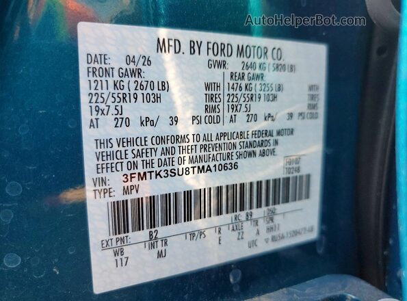 3FMTK3SU8TMA10636 2026 FORD MUSTANG Blue Widok naklejki z numerem VIN