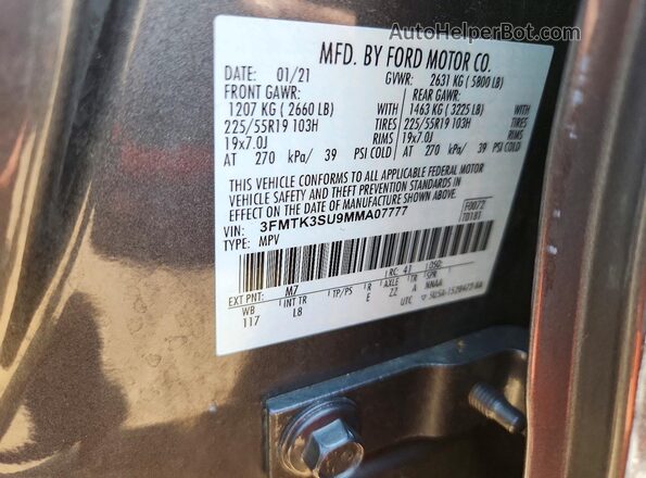 3FMTK3SU9MMA07777 2021 FORD MUSTANG Gray Vista de la etiqueta del VIN