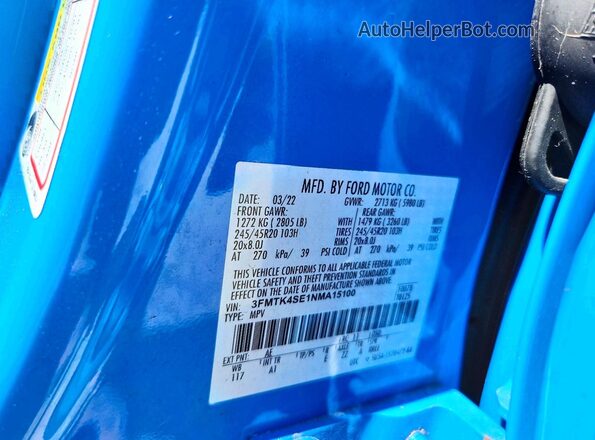 3FMTK4SE1NMA15100 2022 FORD MUSTANG Blue Вид наклейки з VIN-кодом