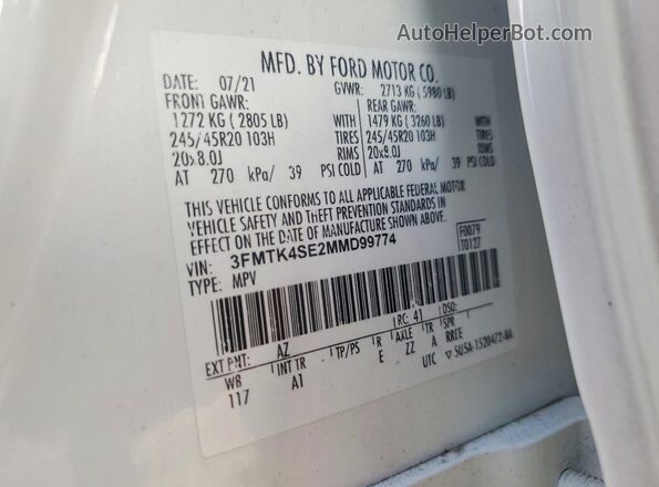 3FMTK4SE2MMD99774 2021 FORD MUSTANG Двухцветный Вид наклейки с VIN-кодом