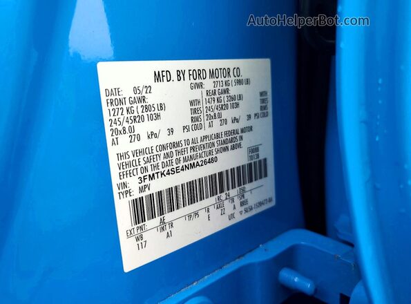 3FMTK4SE4NMA26480 2022 FORD MUSTANG Blue Widok naklejki z numerem VIN
