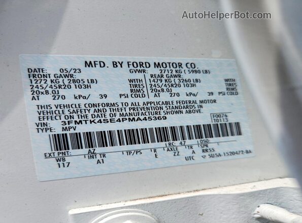 3FMTK4SE4PMA45369 2023 FORD MUSTANG Белый Вид наклейки с VIN-кодом