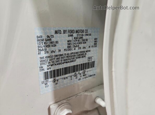 3FMTK4SE4PMA59837 2023 FORD MUSTANG White Սալոնի 360 աստիճան տեսք