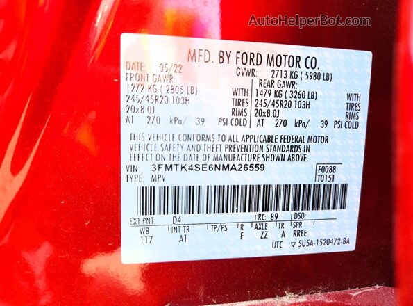3FMTK4SE6NMA26559 2022 FORD MUSTANG Red Панорамний вид салону 360°