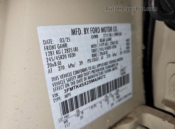 3FMTK4SX2SMA08072 2025 FORD MUSTANG Серый Вид наклейки с VIN-кодом