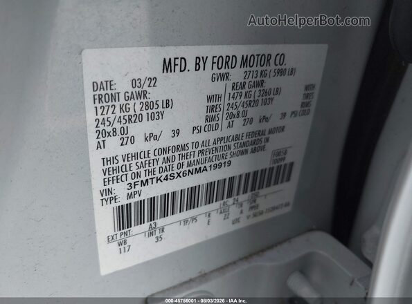 3FMTK4SX6NMA19919 2022 FORD MUSTANG MACH-E Gray Vista del compartimento del motor