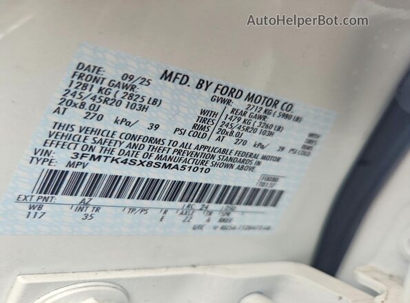3FMTK4SX8SMA51010 2025 FORD MUSTANG White Widok naklejki z numerem VIN