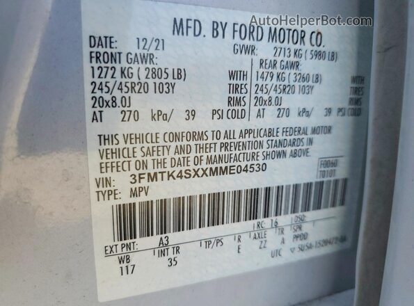 3FMTK4SXXMME04530 2021 FORD MUSTANG Белый Панорамный вид салона 360°