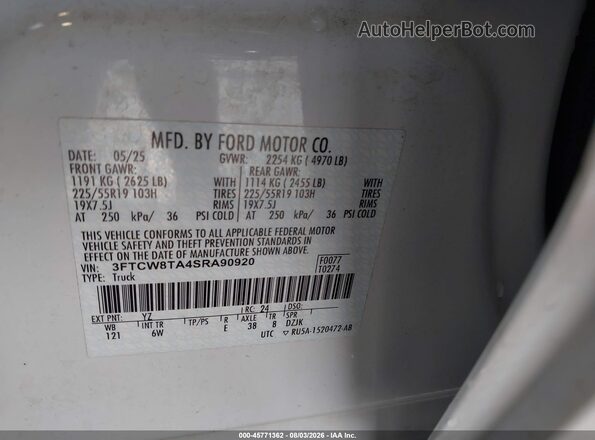 3FTCW8TA4SRA90920 2025 FORD MAVERICK White Vista del compartimento del motor