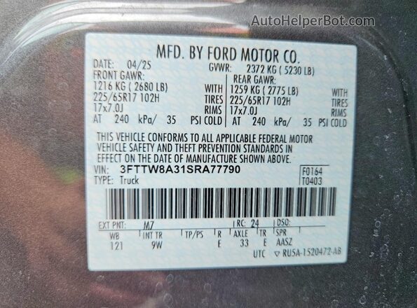 3FTTW8A31SRA77790 2025 FORD MAVERICK Gray VIN კოდის სტიკერის ხედი