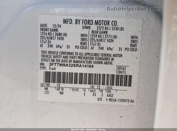 3FTTW8A32SRA14164 2025 FORD MAVERICK White Շարժիչի բաժամունքի տեսք