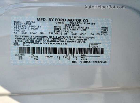 3FTTW8A33TRA46316 2026 FORD MAVERICK White Widok komory silnika