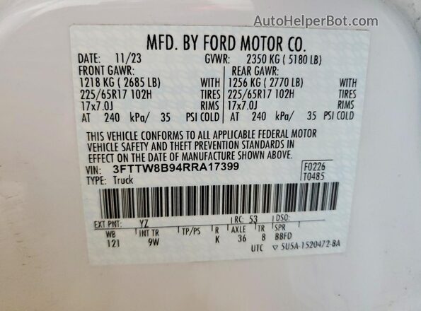 3FTTW8B94RRA17399 2024 FORD MAVERICK Белый Вид подкапотного пространства