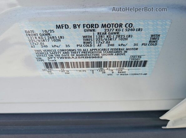 3FTTW8BA2SRB69682 2025 FORD MAVERICK White Շարժիչի բաժամունքի տեսք