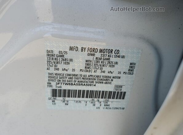 3FTTW8BA5SRA50914 2025 FORD MAVERICK Белый Вид наклейки с VIN-кодом