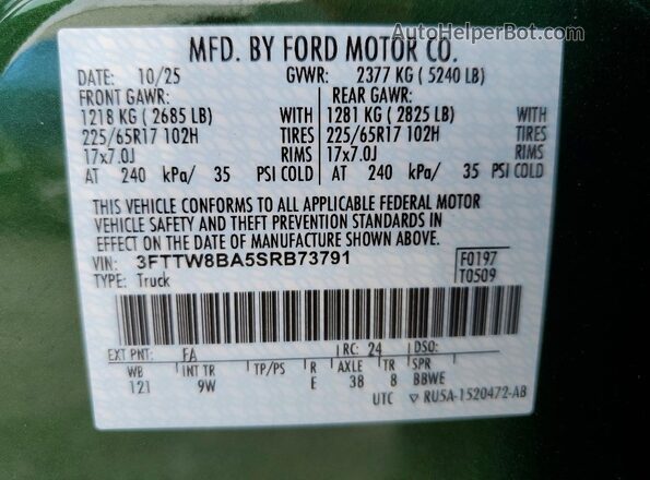 3FTTW8BA5SRB73791 2025 FORD MAVERICK Green Engine compartment view